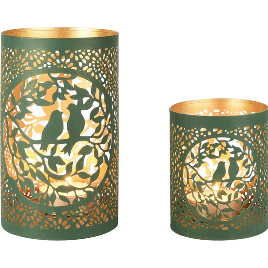 Dekoratief | Set 2 Waxinelichthouders &#039;Love Birds&#039;, groen/goud, metaal, 12x12x21cm | A258162