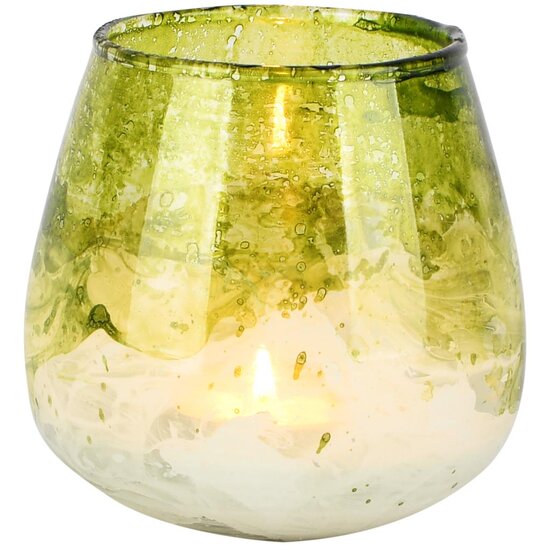 Dekoratief | Theelichthouder &#039;Green Waze&#039;, groen/wit, glas, 11x11x11cm | A258175