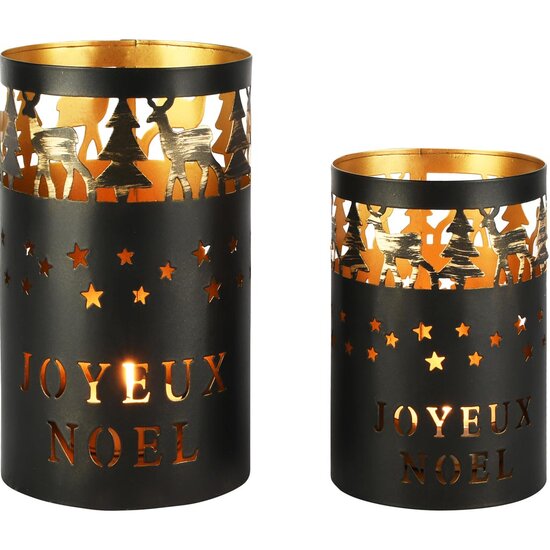 Dekoratief | Set 2 Waxinelichthouders 'Joyeux No?l', zwart/goud, metaal, 12x12x20cm | A258198
