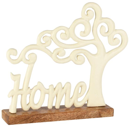 Dekoratief | Deco &#039;Home&#039; m/boompje, wit/naturel, aluminium/hout, 21x5x22cm | A258206