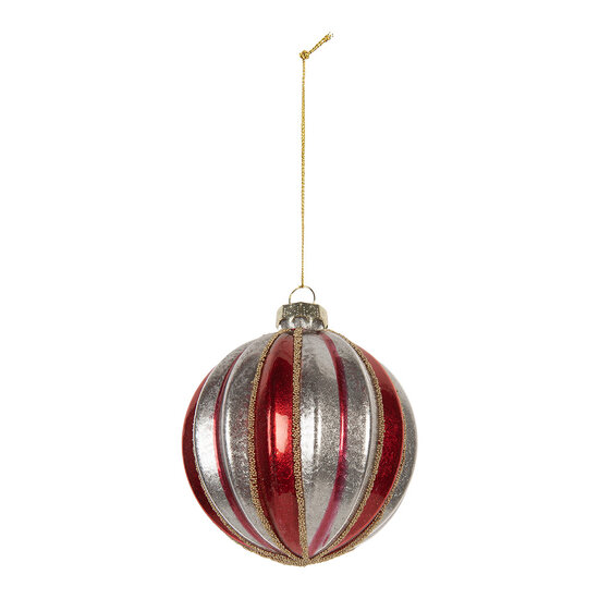 Clayre &amp; Eef   | Kerstbal Rood Zilerkleurig &oslash; 8x8 cm | 6GL5325