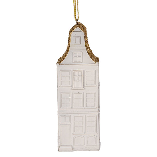 Clayre & Eef | Decoratie hanger Huisje Wit Goudkleurig 4x4x11 cm | 6PR5611