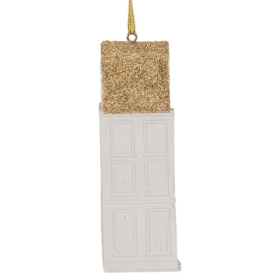 Clayre & Eef | Decoratie hanger Huisje Wit Goudkleurig 4x4x11 cm | 6PR5611