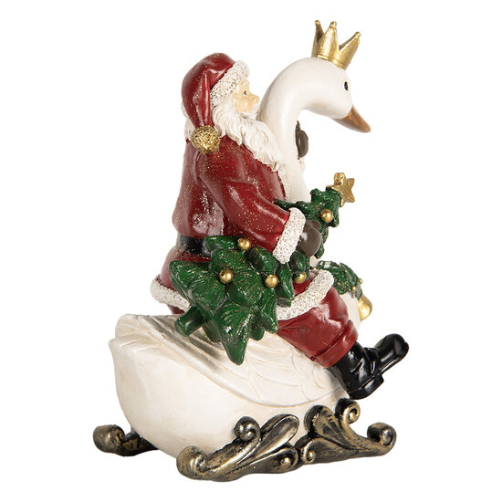 Clayre & Eef | Kerstdecoratie Kerstman op zwaan Rood Wit 13x10x16 cm | 6PR5671