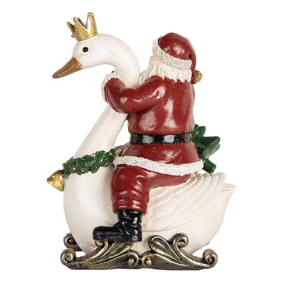 Clayre & Eef | Kerstdecoratie Kerstman op zwaan Rood Wit 13x10x16 cm | 6PR5671