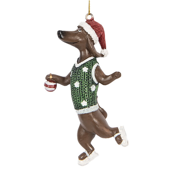 Clayre & Eef | Decoratie hanger Teckel Bruin Groen 6x3x10 cm | 6PR5307