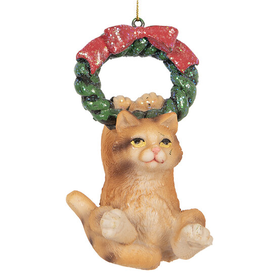 Clayre & Eef | Decoratie hanger Kat Bruin Groen 6x5x9 cm | 6PR5312