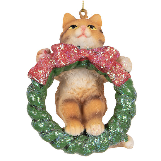 Clayre & Eef | Decoratie hanger Kat Bruin Groen 6x5x9 cm | 6PR5313