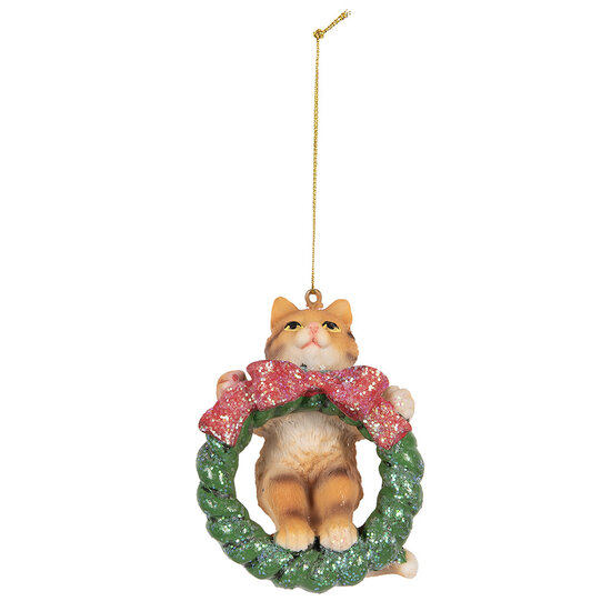 Clayre & Eef | Decoratie hanger Kat Bruin Groen 6x5x9 cm | 6PR5313