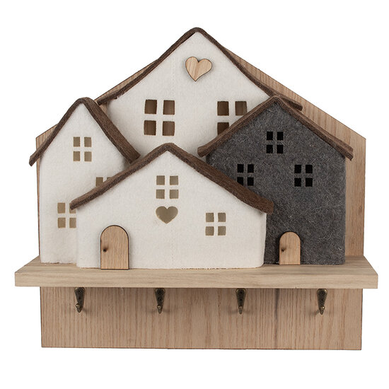 Clayre &amp; Eef   | Kapstok met Vilten Huizen Bruin Wit 40x13x40 cm | 66307