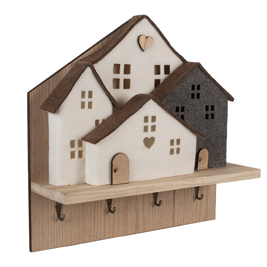Clayre &amp; Eef   | Kapstok met Vilten Huizen Bruin Wit 40x13x40 cm | 66307