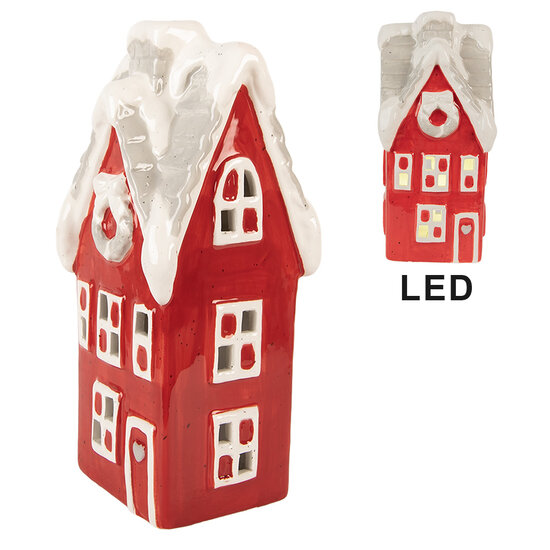Clayre & Eef | Decoratie Huisje LED Rood Grijs 11x10x24 cm | 6CE2220R