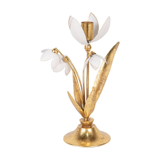 Clayre &amp; Eef   | Kandelaar Goudkleurig Wit 14x10x25 cm | 6Y5804