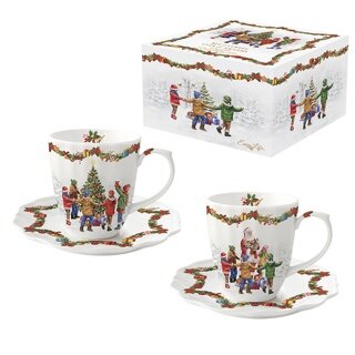 Dekoratief | Set 2 kopjes m/schoteltje &#039;Christmas Round Dance&#039;, porselein, 110ml | A236021
