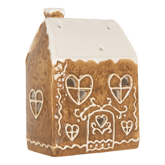 Clayre &amp; Eef   | Theelichthouder Kerst Huisje Bruin Wit 12x7x16 cm | 6CE2323