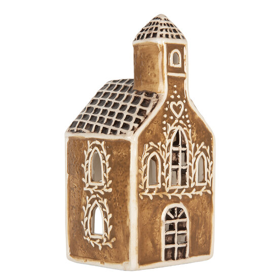 Clayre &amp; Eef   | Theelichthouder Kerst Huisje Bruin Wit 8x7x17 cm | 6CE2326