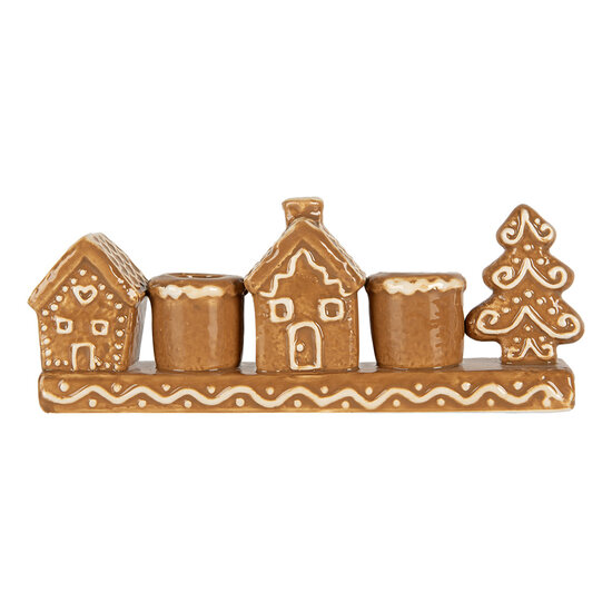 Clayre &amp; Eef   | Kandelaar Huisjes Bruin Wit 21x4x8 cm | 6CE2327