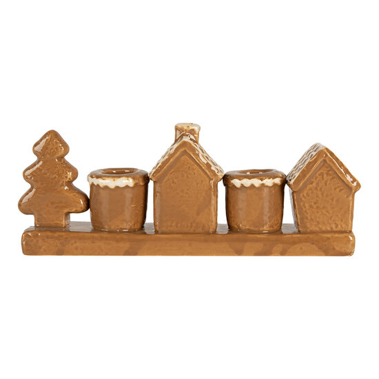 Clayre &amp; Eef   | Kandelaar Huisjes Bruin Wit 21x4x8 cm | 6CE2327