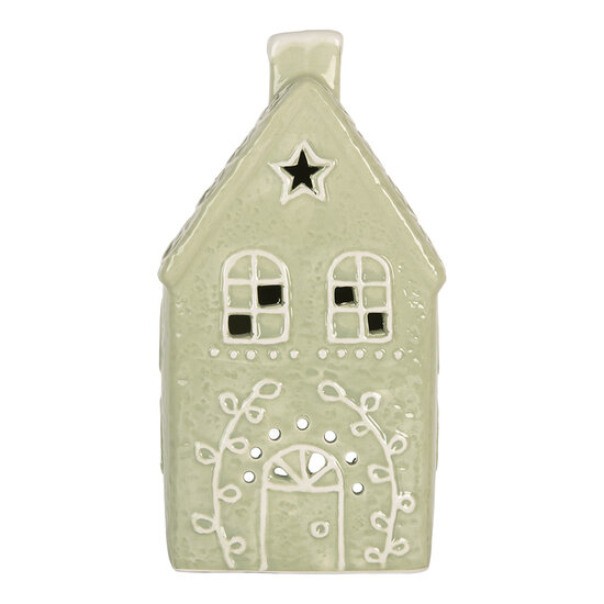 Clayre &amp; Eef   | Theelichthouder Kerst Huisje Groen Wit 11x9x21 cm | 6CE2328