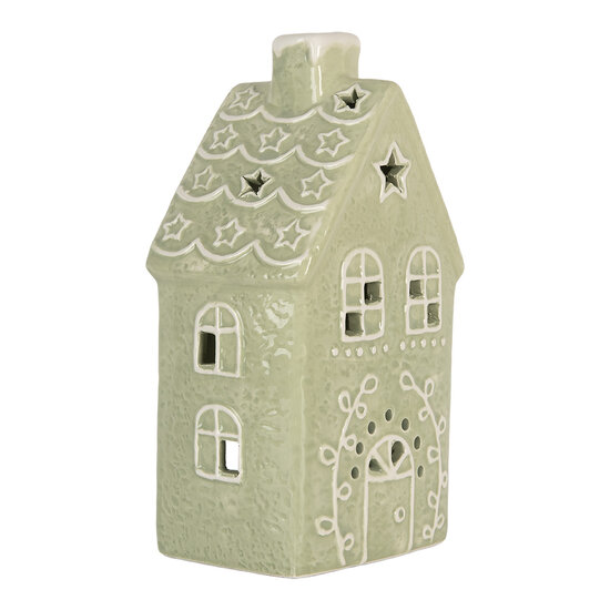Clayre &amp; Eef   | Theelichthouder Kerst Huisje Groen Wit 11x9x21 cm | 6CE2328