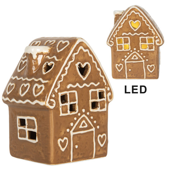 Clayre &amp; Eef   | Decoratie Huisje met LED Bruin Wit 8x6x11 cm | 6CE2329