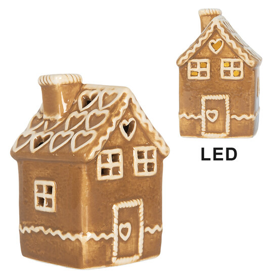 Clayre &amp; Eef   | Decoratie Huisje met LED Bruin Wit 7x7x11 cm | 6CE2331