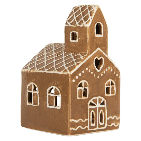 Clayre &amp; Eef   | Theelichthouder Kerst Huisje Bruin Wit 10x10x16 cm | 6CE2335