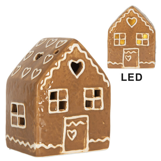 Clayre &amp; Eef   | Decoratie Huisje met LED Bruin Wit 8x6x10 cm | 6CE2337