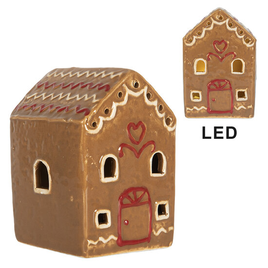 Clayre &amp; Eef   | Decoratie Huisje met LED Bruin Wit 8x6x11 cm | 6CE2340