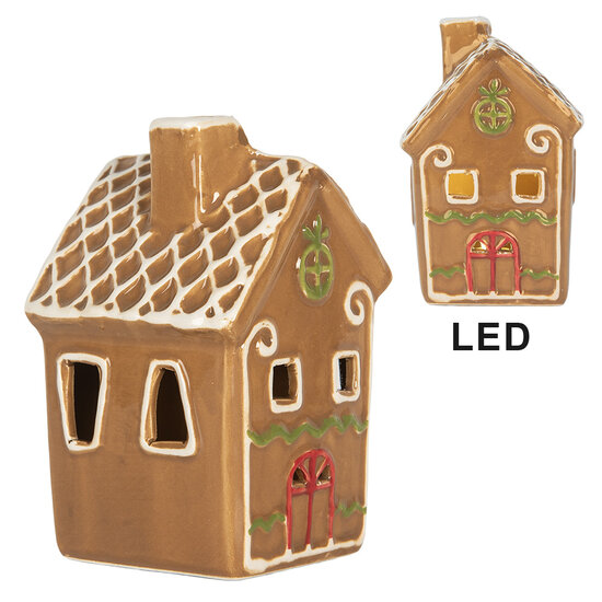 Clayre & Eef | Decoratie Huisje met LED Bruin Wit 8x8x12 cm | 6CE2349