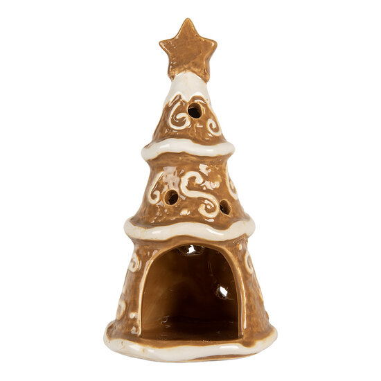 Clayre &amp; Eef   | Theelichthouder Kerstboom Bruin Wit &oslash; 8x15 cm | 6CE2361