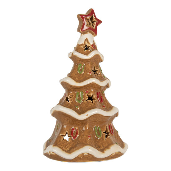 Clayre &amp; Eef   | Theelichthouder Kerstboom Bruin Wit 11x8x17 cm | 6CE2362