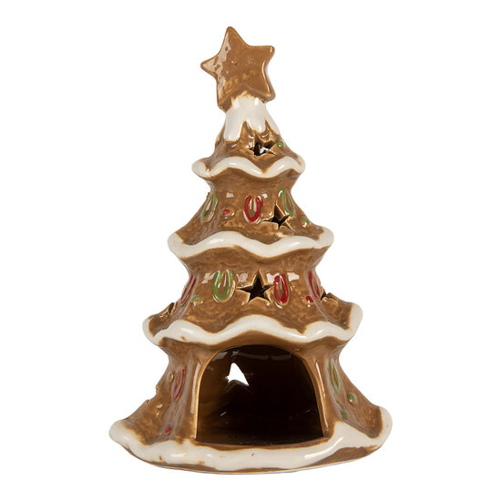 Clayre &amp; Eef   | Theelichthouder Kerstboom Bruin Wit 11x8x17 cm | 6CE2362