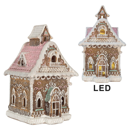 Clayre &amp; Eef   | Decoratie Huis met LED Bruin Roze 16x15x25 cm | 6PR5833