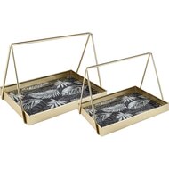 Dekoratief | Set 2 dienbladen 'Ginkgo', zwart/goud, metaal, 37x24x24cm | A225436