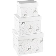 Dekoratief | Set 3 dozen vierkant 'Dancing Reindeer', wit/zilver, 18x18x14cm (4+2 GRATIS? | A235597