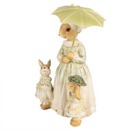 Clayre & Eef | Decoratie Beeld Konijnen met paraplu Bruin Groen 16x11x21 cm | 6PR5023