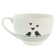 Clayre & Eef | Kop en schotel Wit, Zwart 12x9x7 cm / ø 14x2 cm / 220 ml | LBSKS