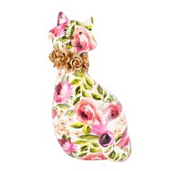 Dekoratief | Poes 'Old Flowers', roze/groen/goud, resina, 12x12x20cm | A250573