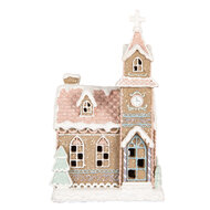 Clayre & Eef | Decoratie Huis met LED Bruin Roze 14x12x23 cm / 3xAAA | 6PR5378
