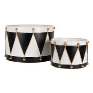 Clayre &amp; Eef   | Decoratie Trommel Wit zwart (set 2) &oslash; 40x25 / &oslash; 26x17 cm | 6Y5806