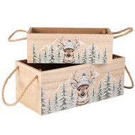 Dekoratief | Set 2 bakjes 'Winter Deer', naturel, hout, 25x12x10cm | A255483