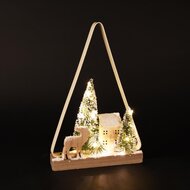 Dekoratief | Deco huis m/bomen/hert in boog, naturel, hout, LED, 23x5x35cm | A255641