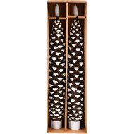 Dekoratief | Box 2 kaarsen 'Pinecone', bruin/wit, LED, 4x4x25cm | A255945