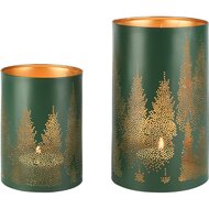 Dekoratief | Set 2 Waxinelichthouders &#039;Mystery Forest&#039;, groen/goud, metaal, 12x12x20cm | A258092