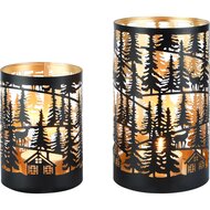 Dekoratief | Set 2 Waxinelichthouders &#039;Majestic Evergreen&#039;, zwart/goud, metaal, 12x12x20cm | A258095