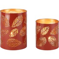 Dekoratief | Set 2 Waxinelichthouders &#039;Elliptical Leaves&#039;, rood/goud, metaal, 10x10x14cm | A258096