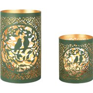 Dekoratief | Set 2 Waxinelichthouders &#039;Love Birds&#039;, groen/goud, metaal, 12x12x21cm | A258162