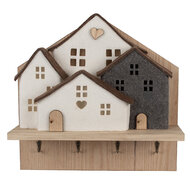 Clayre &amp; Eef   | Kapstok met Vilten Huizen Bruin Wit 40x13x40 cm | 66307
