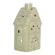 Clayre &amp; Eef   | Theelichthouder Kerst Huisje Groen Wit 11x9x21 cm | 6CE2328